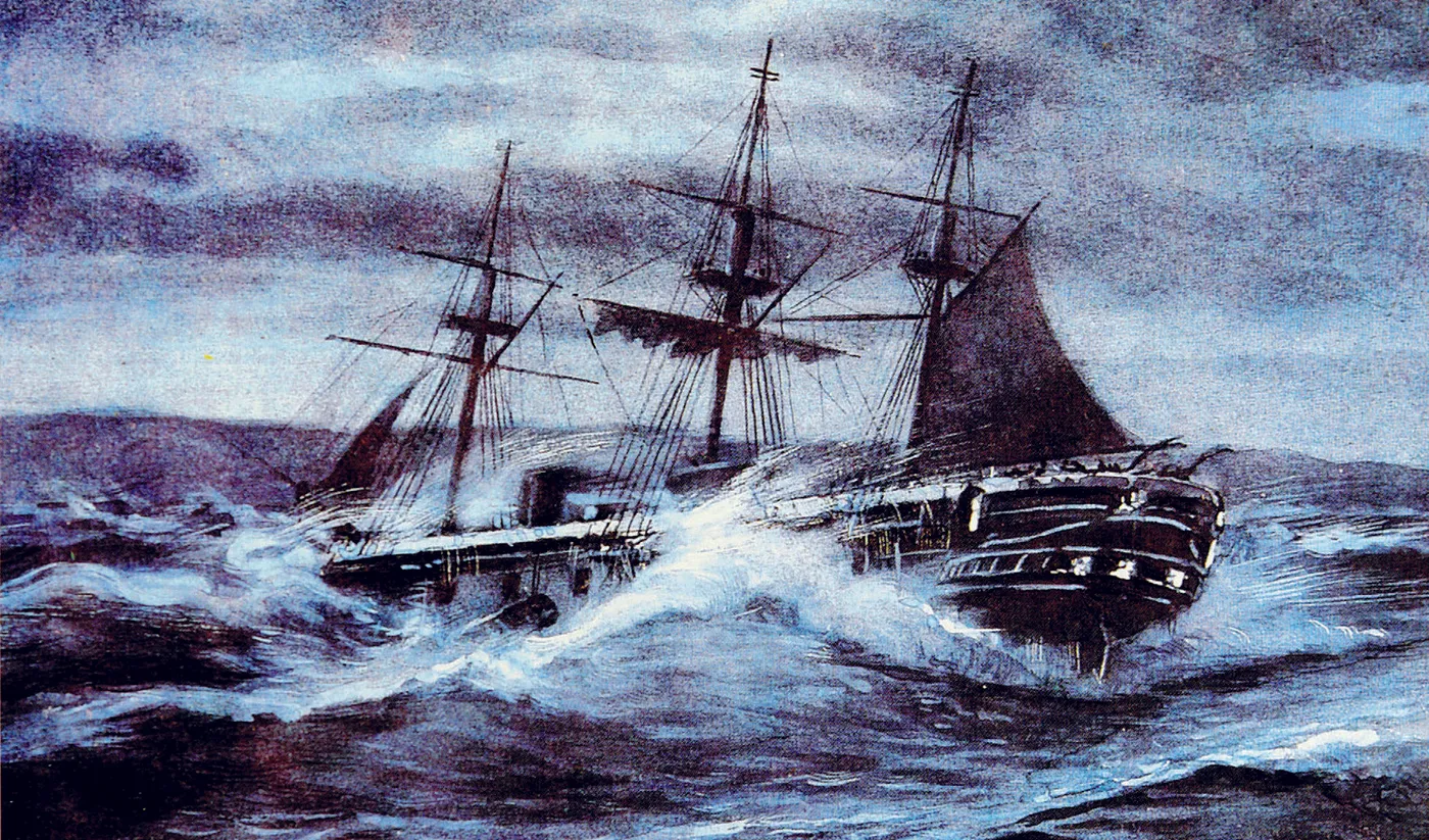 The Ertuğrul frigate at port, a three-masted wooden warship at anchor.